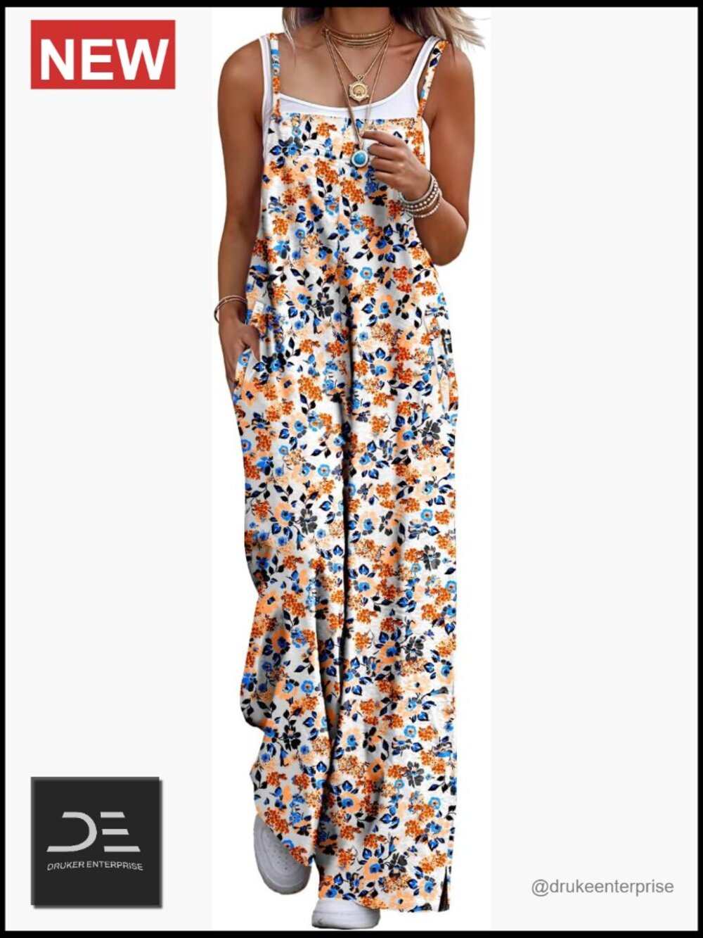 Women's Boho Cotton Jumpsuit Wide Leg Overalls Floral Pattern Pockets